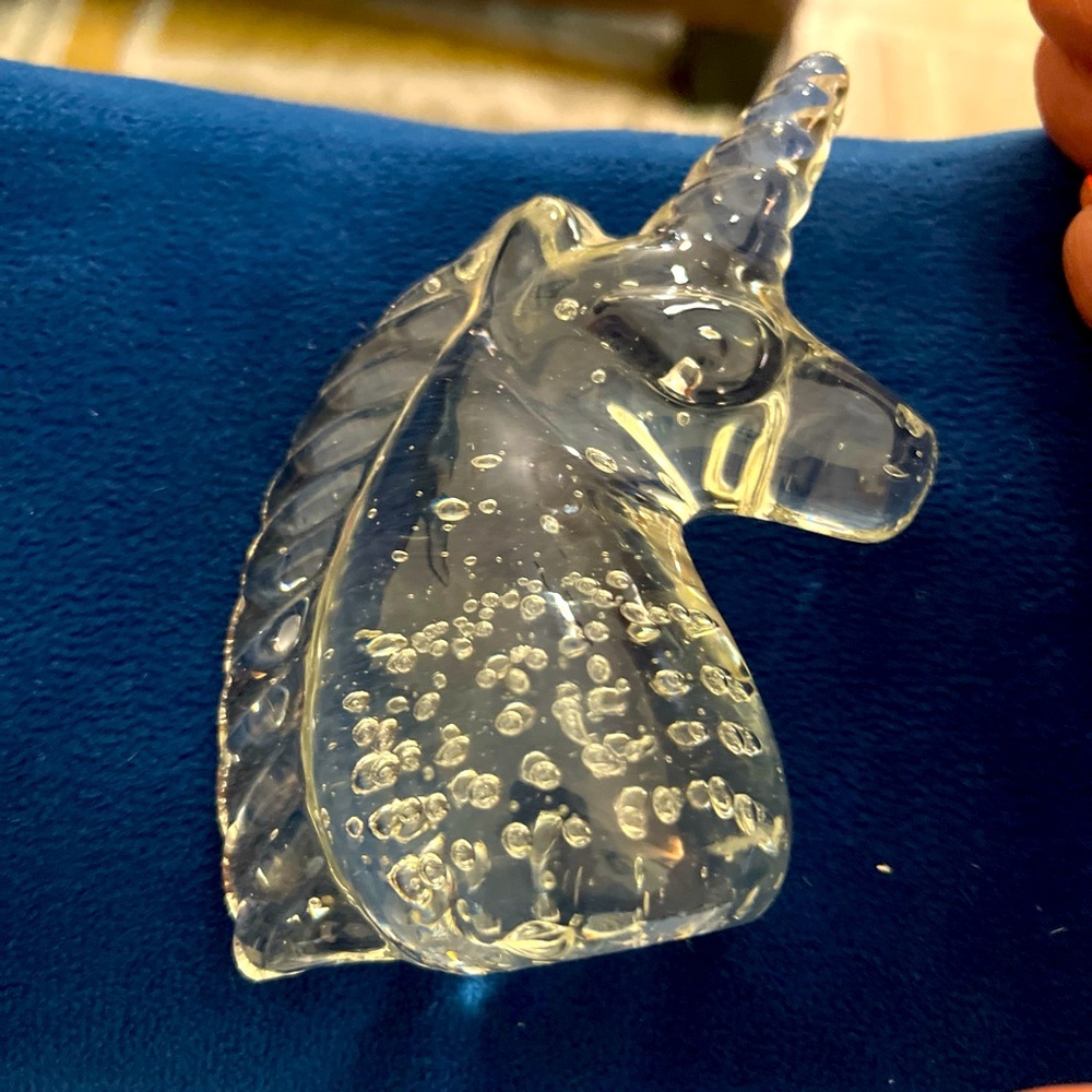 Clear spotted glass unicorn paperweight